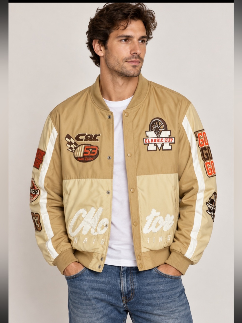 R3Bel Bomber Jacket Racing Speed Race Beige Mens Size L